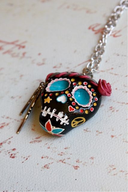 Hippie Sugar Skull Necklace - Black