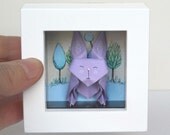 Origami Bunny in the Wood - Lilac Paper Rabbit in a Shadow Box - Paper Art