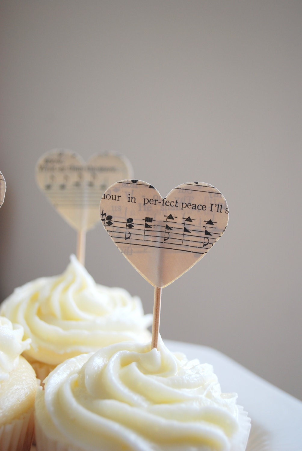 50 Heart Cupcake Picks, made from vintage music