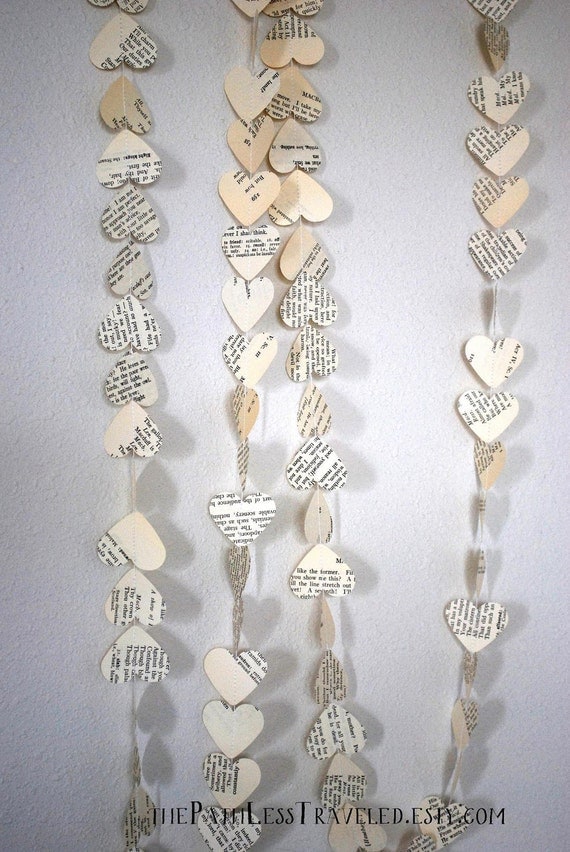 Vintage Book Hearts Garland - 10' long