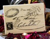 French Postage Stamp, Script Writing and Leaves-Large Wood Block Rubber Stamp