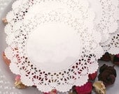 50 SMALL Fancy 4 inch round paper doilies edged with SEASHELL lace & solid center - for decorating, gift wrapping, food, scrapbooking
