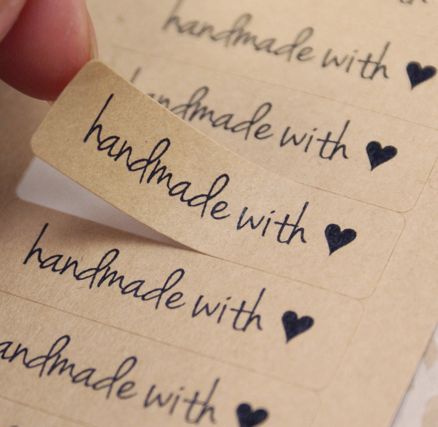 80 modern Free Spirit Script Font HANDMADE WITH LOVE Heart Rectangle Brown Kraft Sticker Labels Seals 1/2 x 1 3/4 inch - Free Shipping