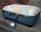 Vintage Suitcase Pet Bed - Light Blue with Green Yellow Retro Floral Print Custom Cushion - Cats and Small Dogs