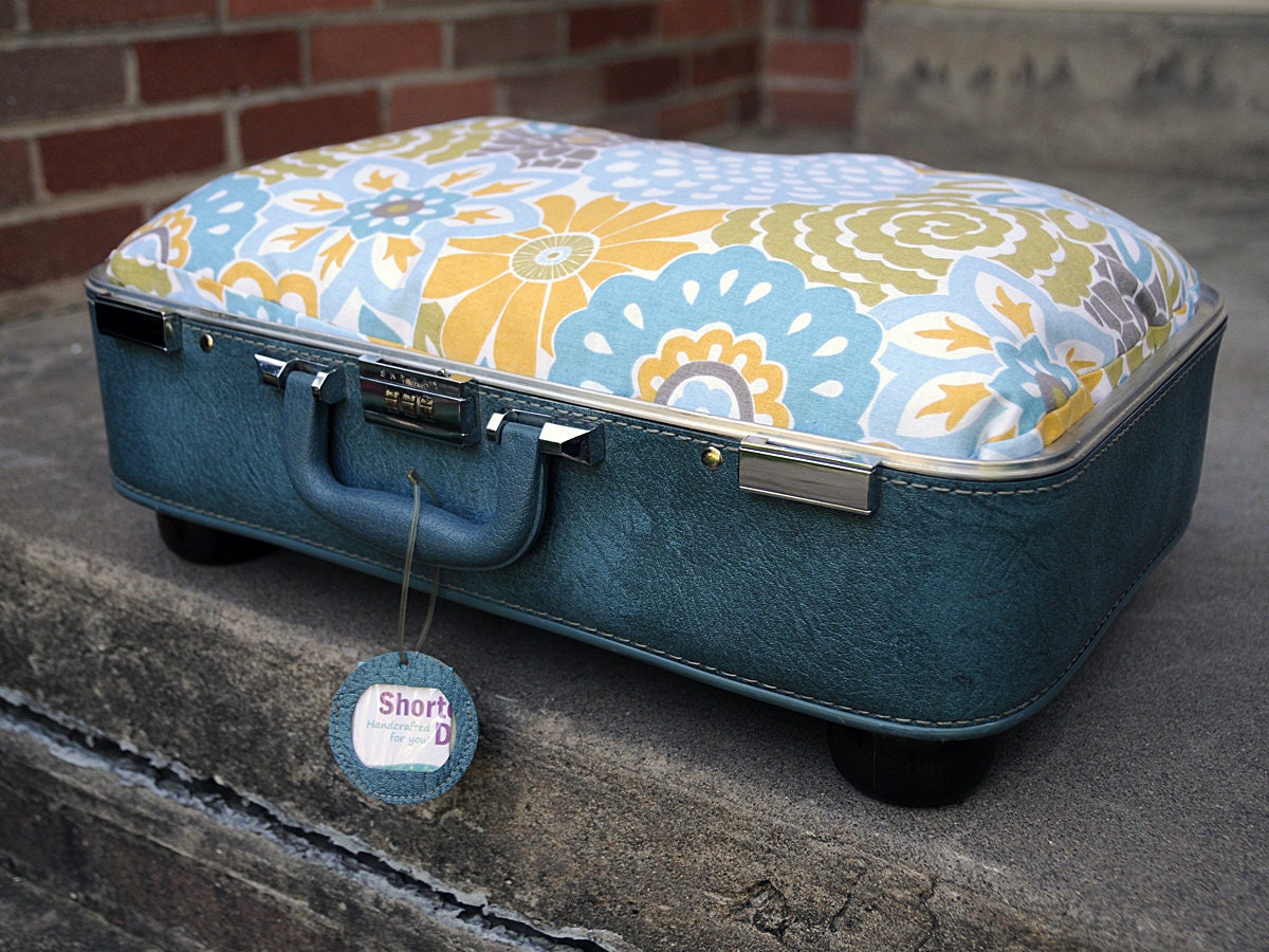 SALE - Vintage Suitcase Pet Bed - Light Blue with Green Yellow Retro Floral Print Custom Cushion - Cats and Small Dogs