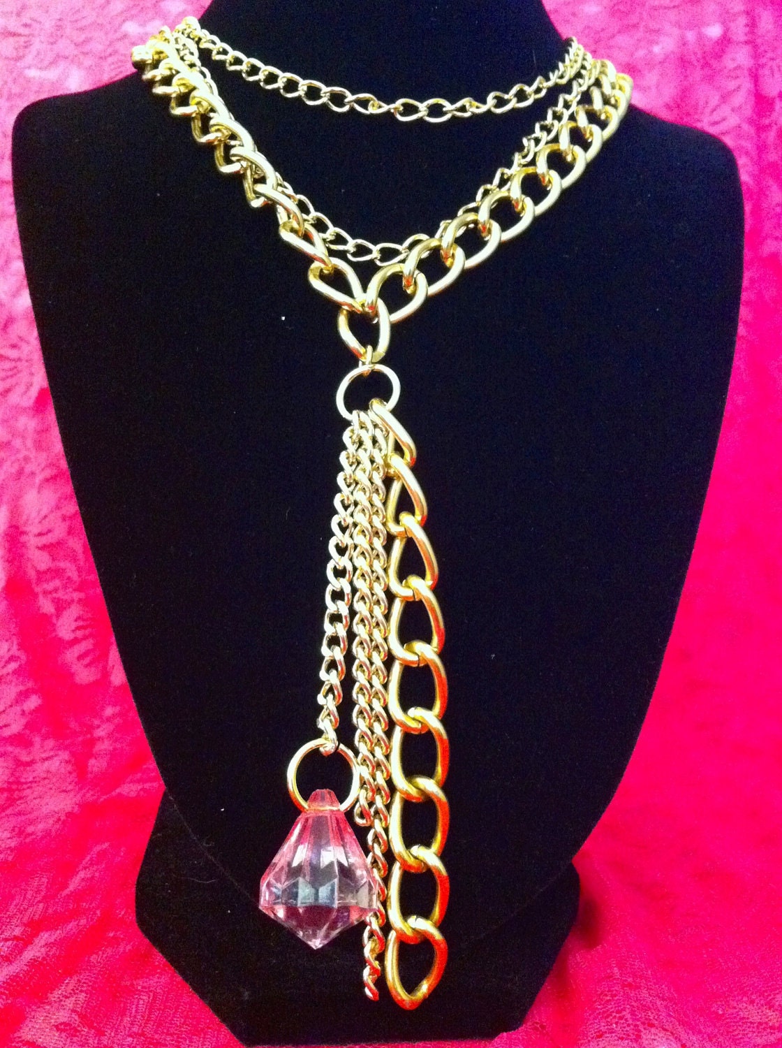 Hit It Rich Bulky Mess Gold Pink Trinket Diamond Charm Curb Chain Necklace