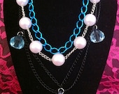 Messy Four Strand Blue Black Large Pearl Diamond Chain Necklace