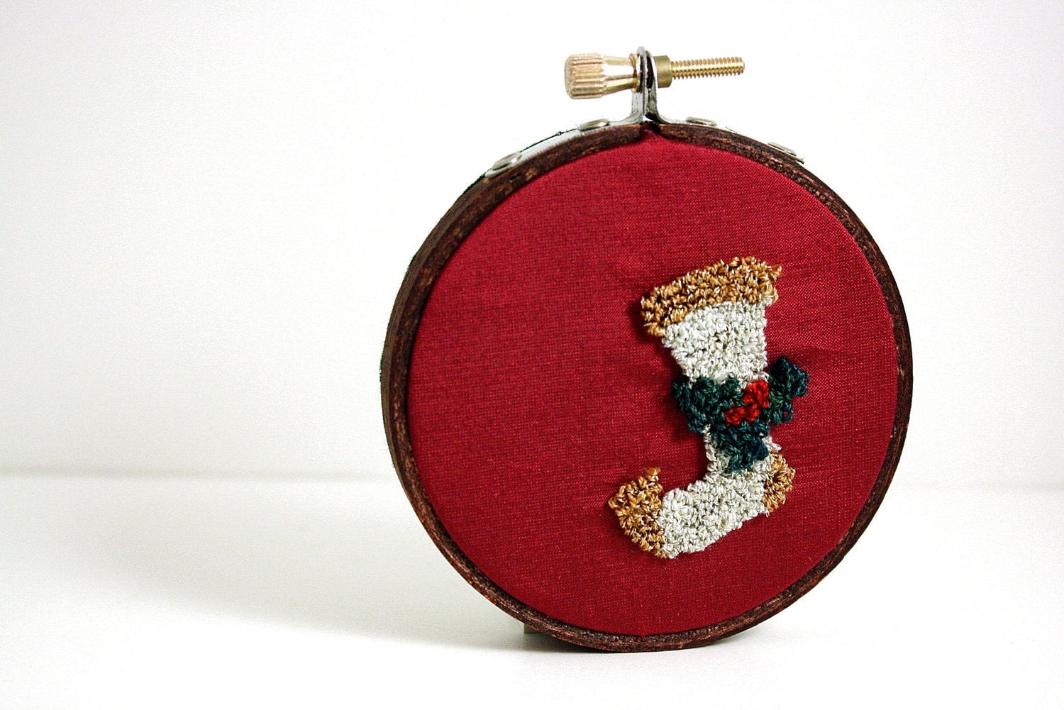 Holiday Ornament Christmas Stocking and Holly on Cranberry Silk Christmas Silver Green Holly Punchneedle Holiday Home Decor Ready to Ship