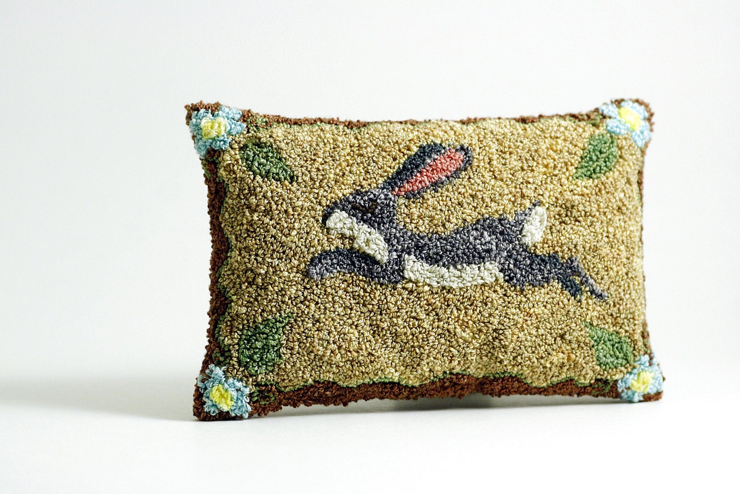 Lavender Sachet - Rabbit Punch Needle Embroidery. Folk Art Rabbit. Easter. Spring Home Decor. Bunny. Blue Flowers, Gold and Chocolate Brown.