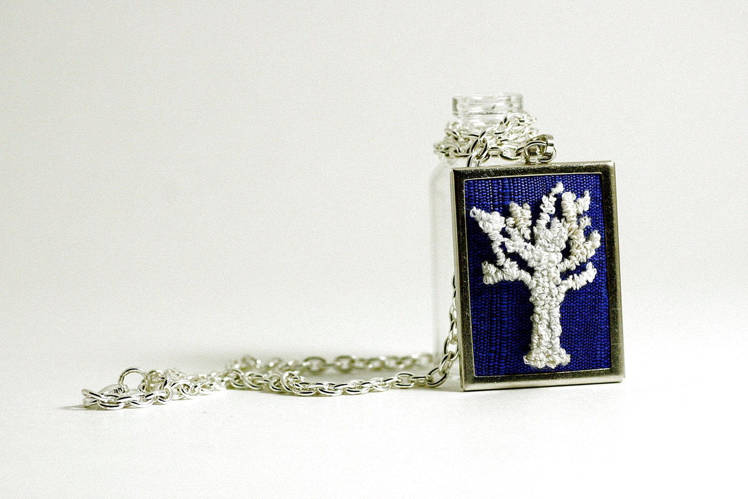 White Winter Tree Silhouette on Cobalt Blue. Sapphire Blue. Silver Necklace Rectangular. Punchneedle Embroidery Silk. Woodland, Nature.