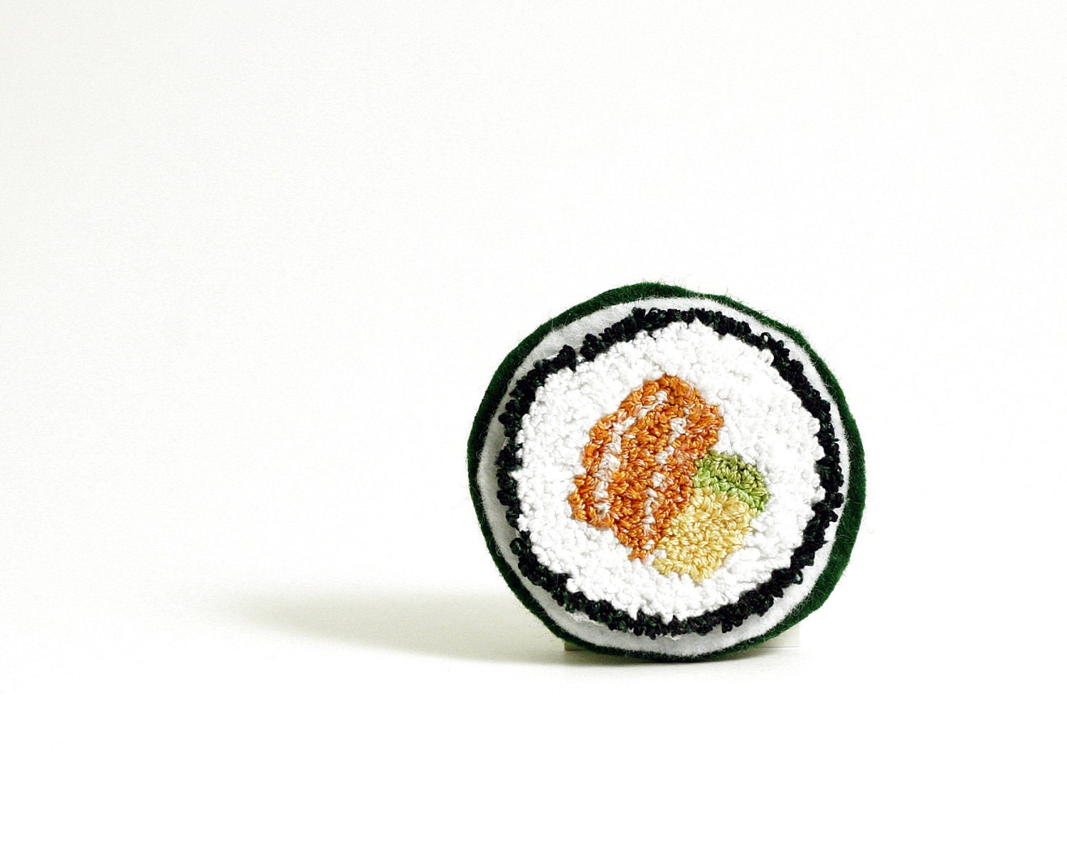 Salmon Avocado Roll Faux Sushi Pin. Orange, Green, Yellow, White. Punchneedle Embroidery Food Art. Eco Friendly. Quirky Fun Foodie Gift