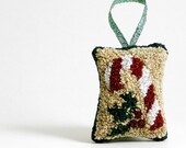 Christmas Ornament, Candy Cane and Holly. Punchneedle Holiday Home Decor. Red, White, Gold, Green. Balsam Fir and Eucalyptus Sachet.