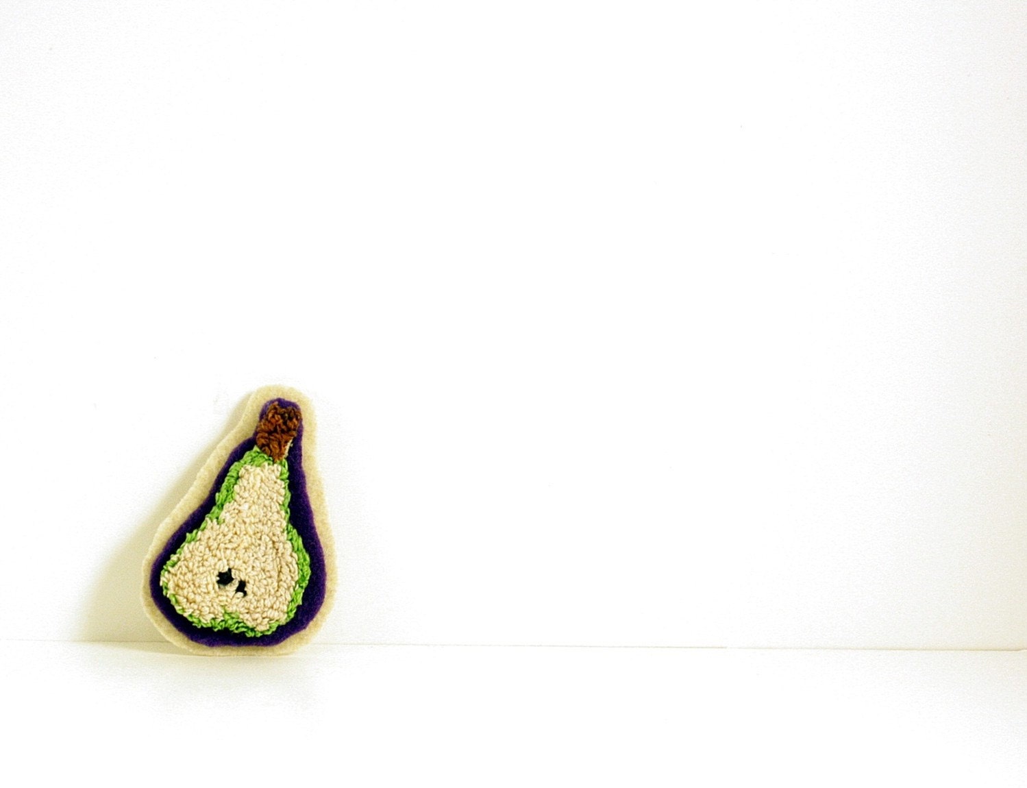 Pear Slice Pin. Punch Needle Embroidery. Green, Cream, Purple. Embroidery on Wool and Eco Friendly Felt. Summer Fashion 2012. Foodie Gift.