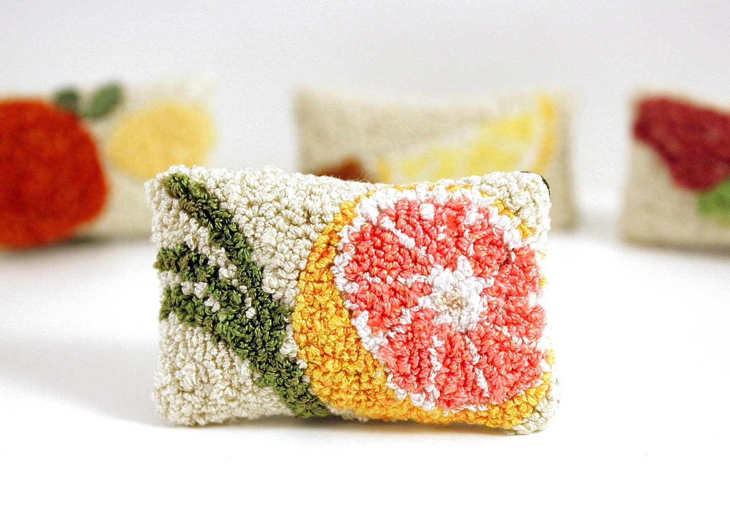 Pink Grapefruit and Lemongrass Miniature Sachet. Punch Needle Embroidery. Spring Home Decor. Pink, Orange, Green. For Her by HarpandThistle