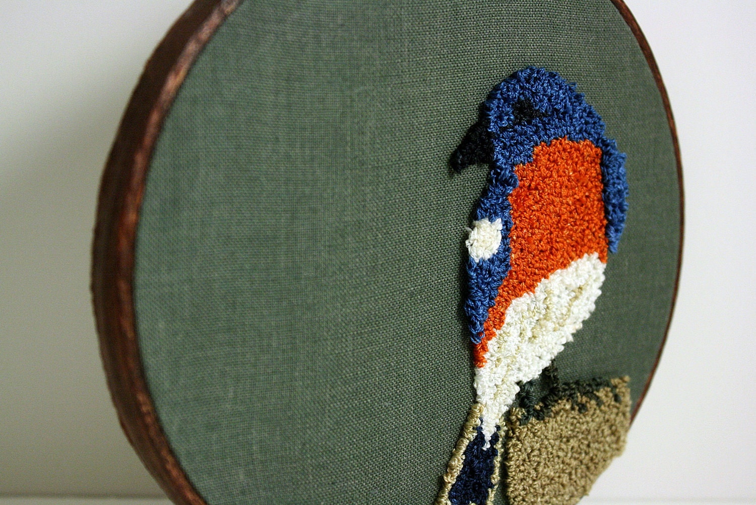 As Seen on Martha Stewart. Eco Friendly Embroidery Hoop Art. Bluebird Punch Needle Spring Home Decor. Bird, Woodland. Blue, Orange, Green.