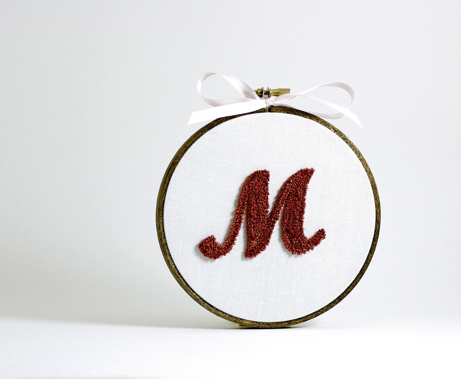 Personalized Initial, Custom Monogram Name Letter. Punchneedle Embroidery Hoop Wall Decor. Baby's First Christmas, Nursery. Pink and White.
