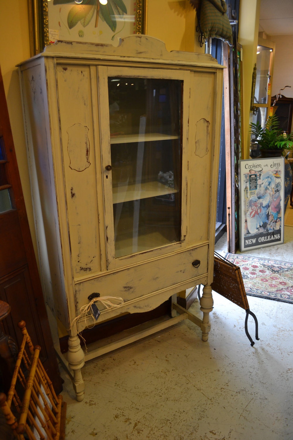 Vintage Shabby  Chic Country Grey and Dark Blue Green Cabinet