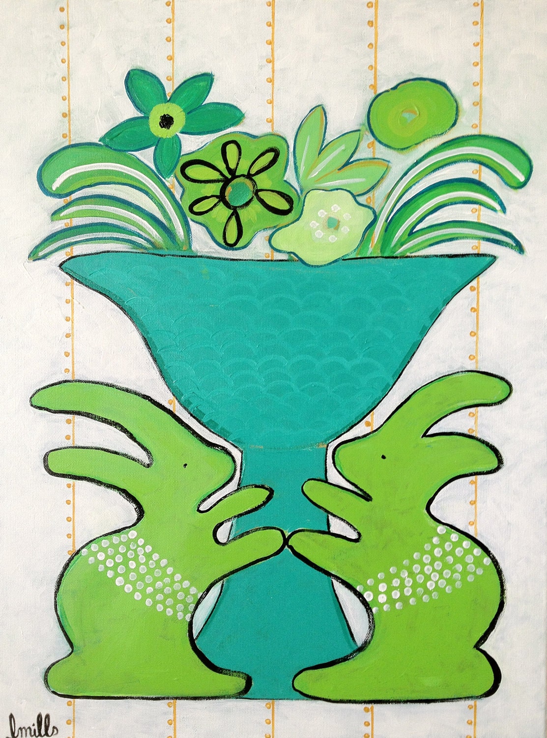 18 x 24" Los Conejos Muy Verdes (The Very Green Rabbits)- original folk art green rabbit floral urn canvas painting