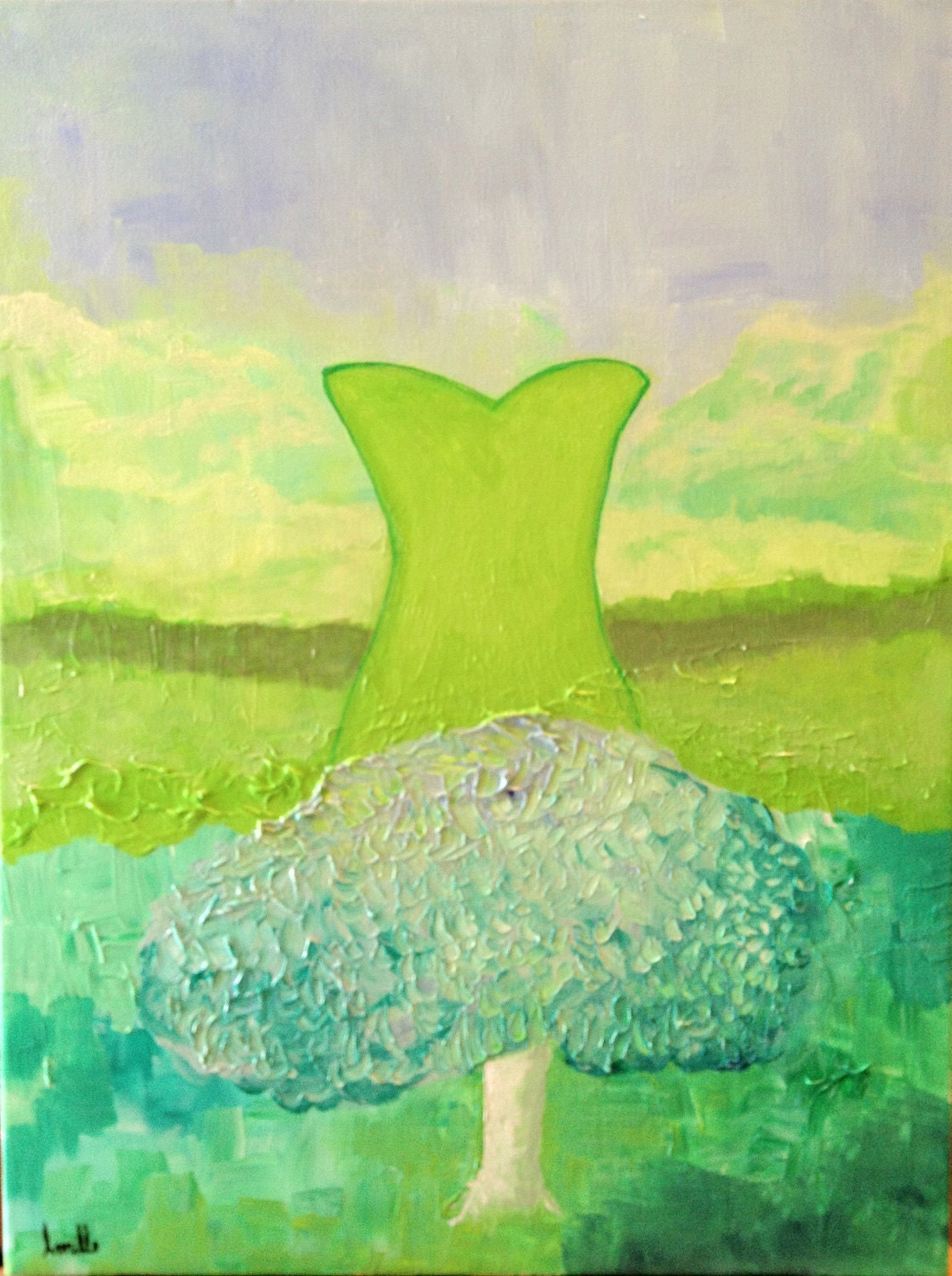 18x24" Nature in Fancy Dress- original surreal green tree dress canvas painting