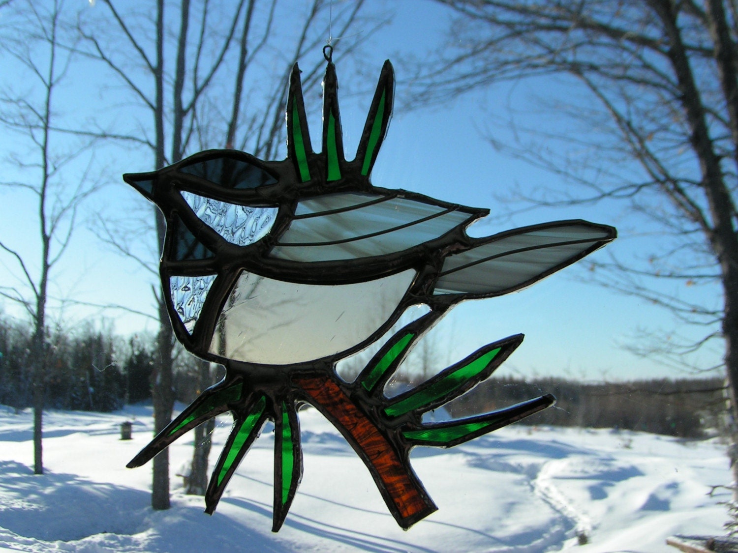chick-a-dee pine nedles, stained glass suncatcher
