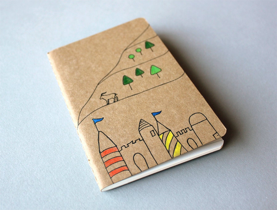 Hand Drawn Pocket Journal Moleskine Cahier Notebook - Billy Goat Castle Fairy Tale