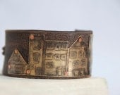 Little Town Bracelet Etched and Oxidized Brass on Leather Made To Order