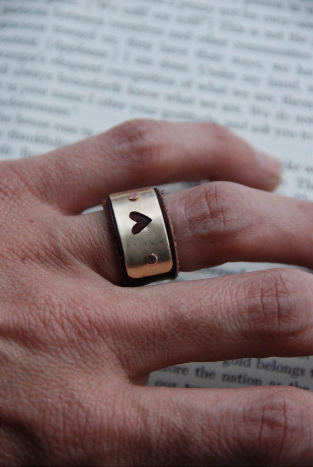 Heart Ring Leather And Brass Hand pierced Heart With Copper Rivets Made To Order