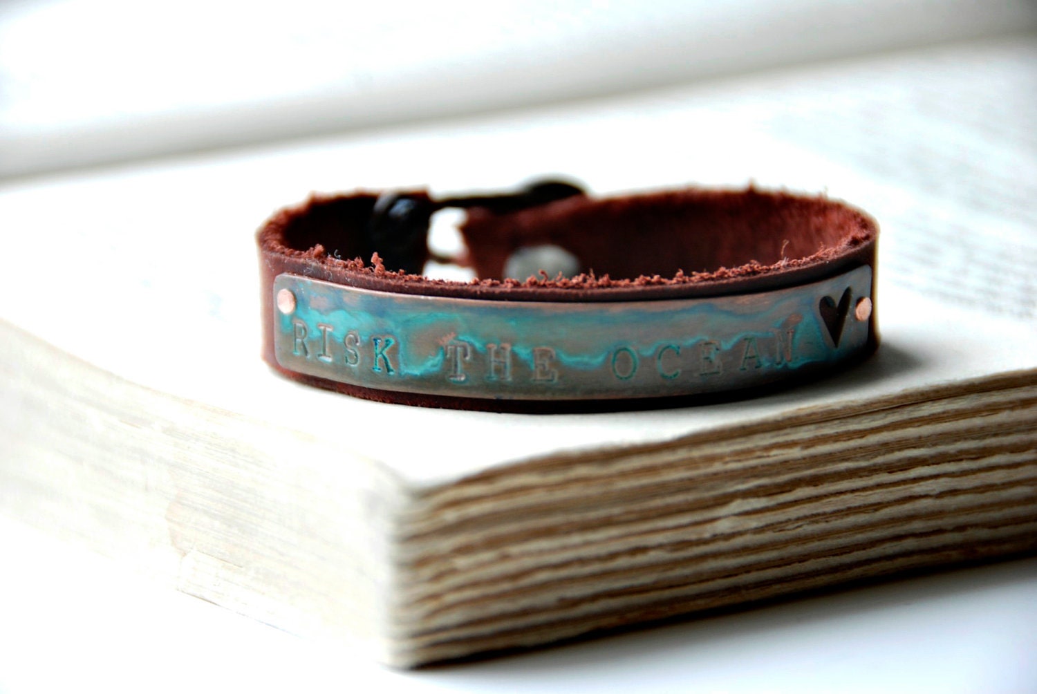 Adventure Bracelet Leather And Copper Risk The Ocean Cuff With Antique Date Nail Made To Order