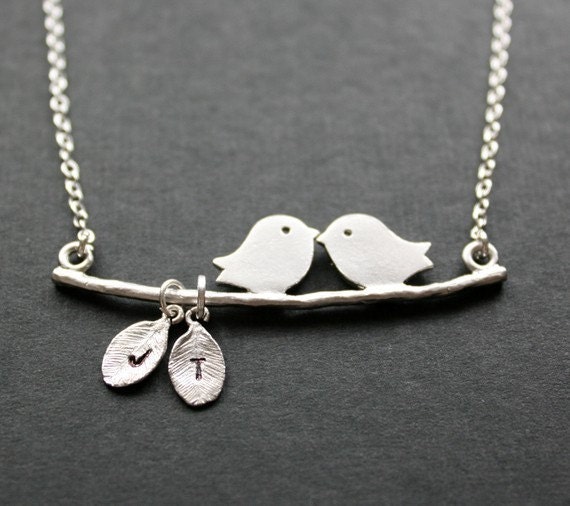Kissing love birds necklace, personalized necklace, initial necklace family tree, friendship, best friends, family necklace, bird jewelry
