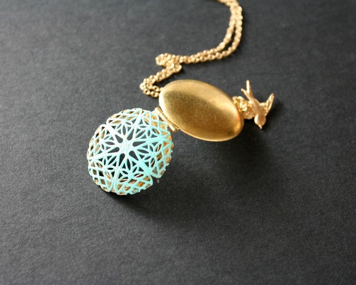 Bird locket necklace - Teal green blue patina locket, brass sparrow bird, gold necklace, bird necklace, cute everyday wear