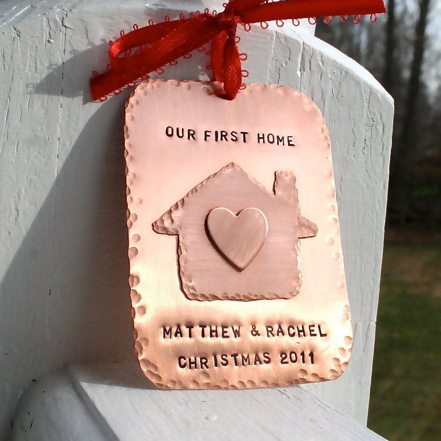 Our New Home Hand Forged/Hand Stamped Copper Christmas Ornament with house and heart
