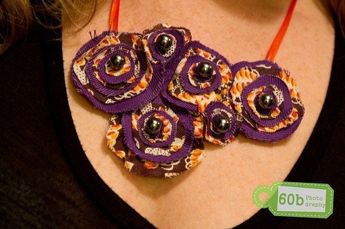 pumpkin & regalia - fabulous bib statement necklace - eco friendly handmade rosettes - vintage fabric and buttons