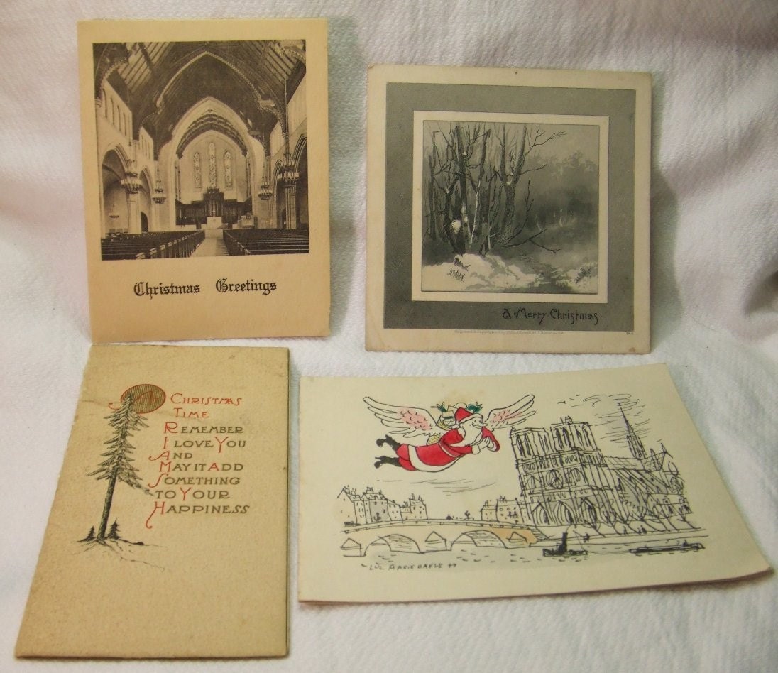 Grouping of 4 Vintage Christmas Cards Circa 1930-40s