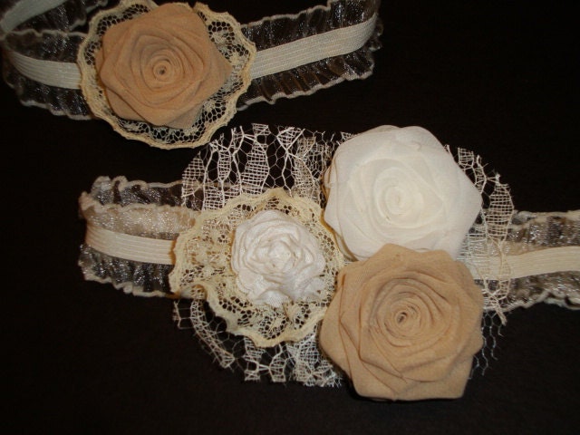 Champagne Ivory Rose Garter SET Bride Bridal Silk Wedding Taupe Vintage Lace -Select your colors -(include toss garter)