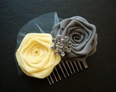 Gray Yellow Rose Comb Hair Clip Pin Headband Bride Bridal Silk Bud Wedding Shower Rehearsal Dinner Invitation Flower Lemon Marigold Silver