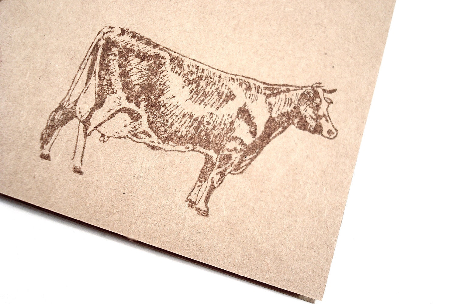 Note Cards - Gift Cards - Hand Printed Brown Kraft Card Stock - Vintage Cow - Set of 5