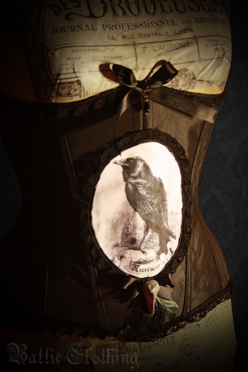 Nevermore Steel Boned Underbust Corset, Custom made to your measurements, Gothic, Victorian, Raven, Crow,