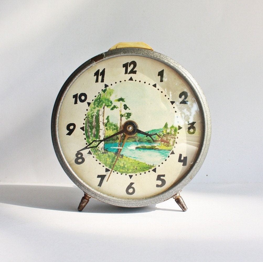 Hand painted on a Clock Vintage Russian mechanical alarm clock Jantar from Soviet Union