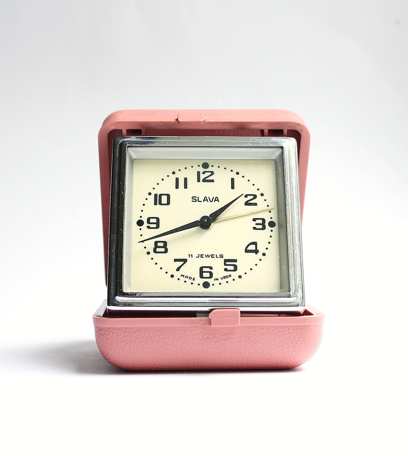 Vintage travel alarm clock Slava from Russia Soviet union era rose pink clock alarm