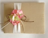 Rustic Wedding Guest Book - Premium Peach Coral Hydrangeas - Tea Dyed Muslin and Cream/Ivory Ribbon - Handmade - FREE Shipping