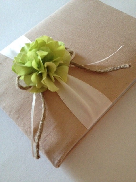 Rustic Wedding Guest Book - Green Hydrangeas - Tea Dyed Muslin and Cream/Ivory Ribbon - Handmade - Free Shipping