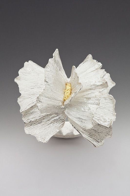 silver flower ring. artisan jewelry, gold accent, cocktail ring, wedding, OOAK, size 10 made in america