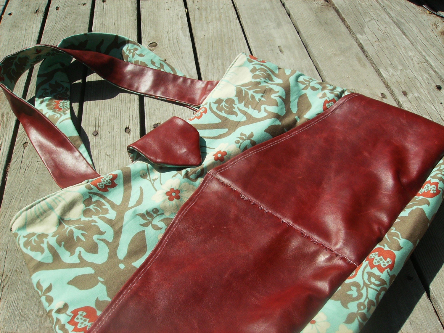 Oversized Tote in Antler Damask and Red Leather