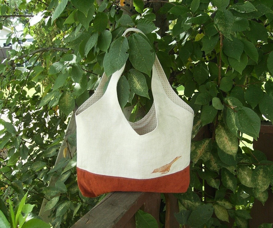 Oatmeal Linen and Rust Suede Slouch Tote