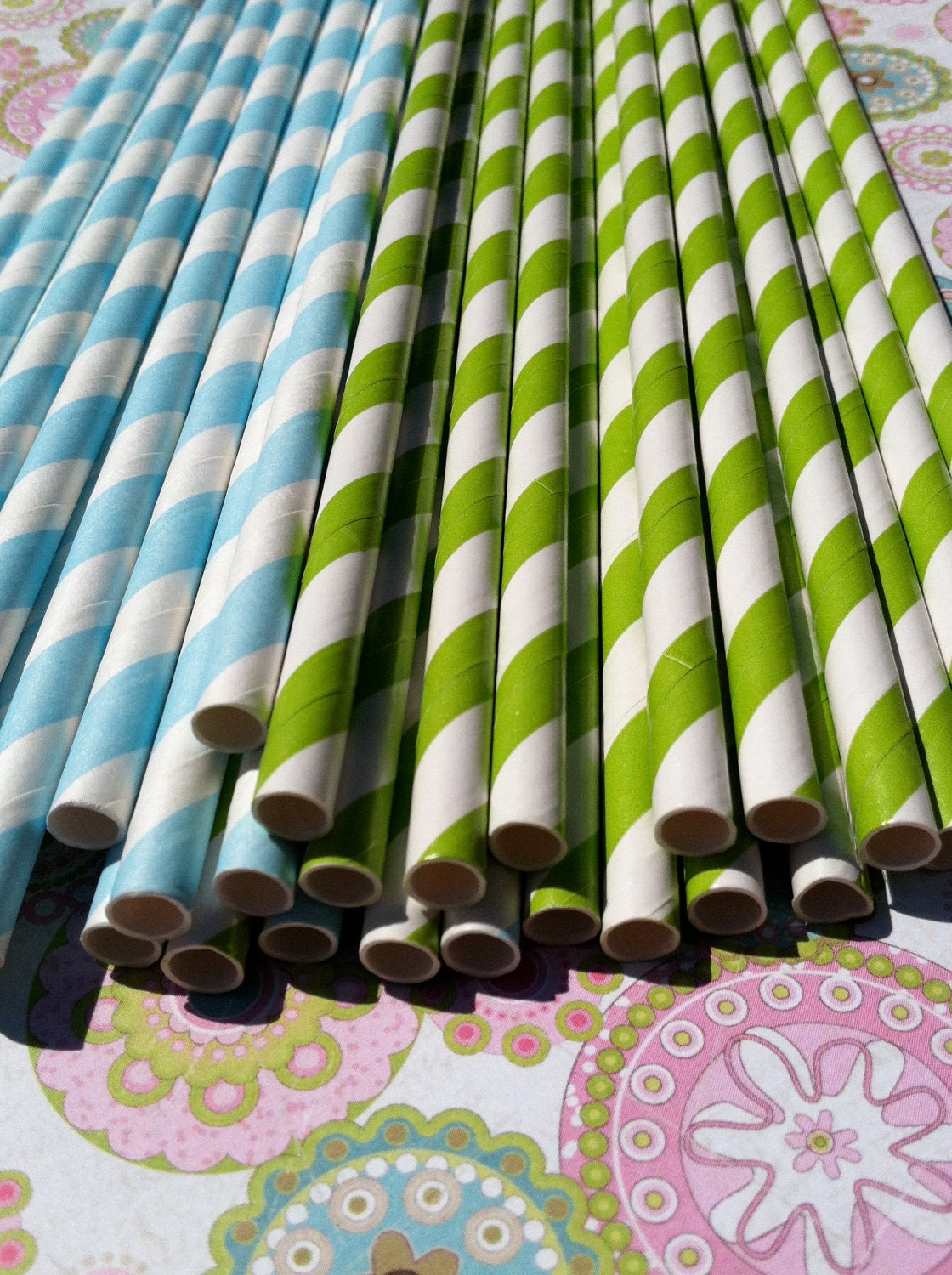 Paper Straws.... Set of 30 Green and Light Blue Striped Straws
