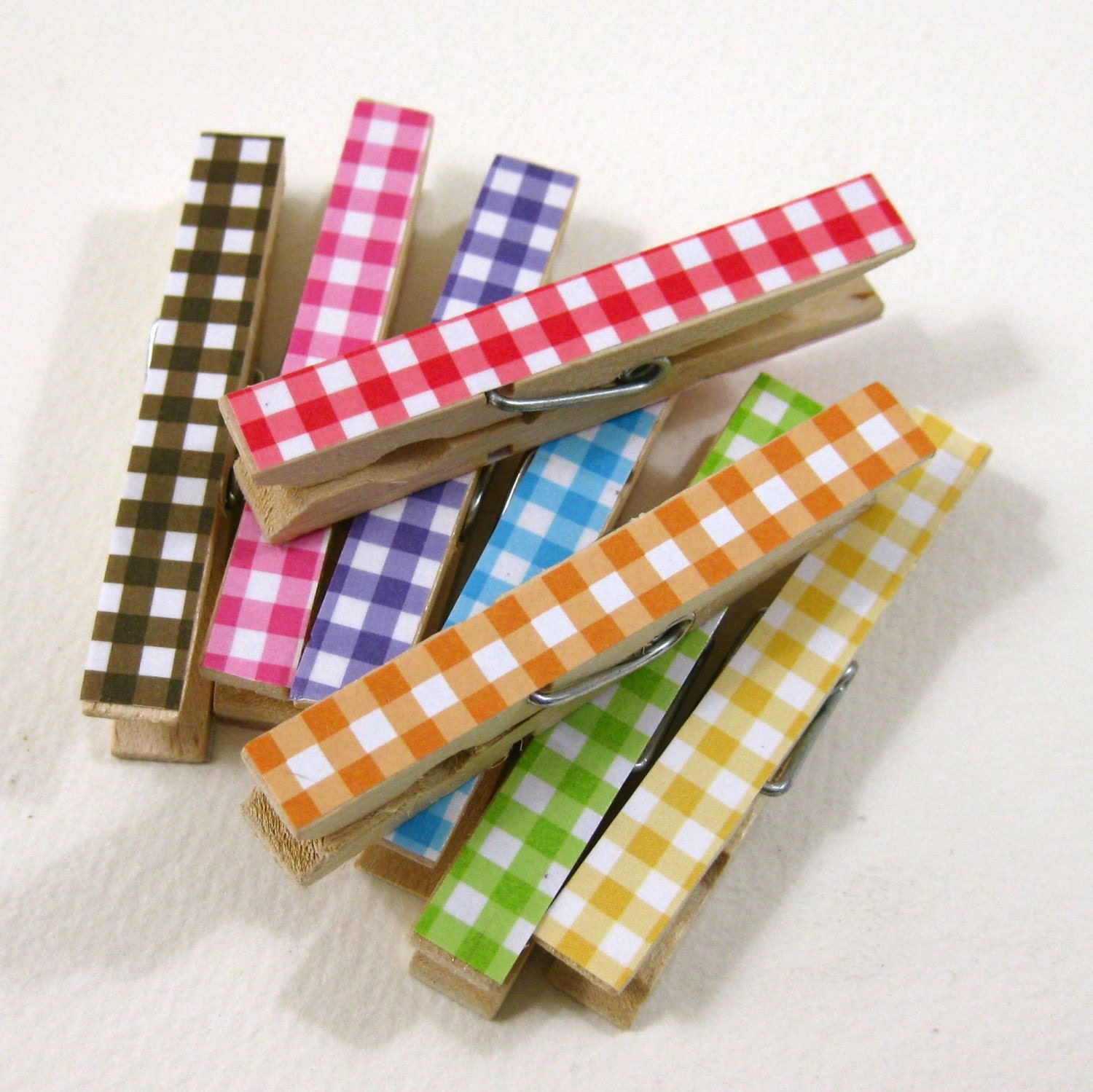 Featured in Southern Living.  Clothespins.  Set of Ten.  Rainbow Gingham