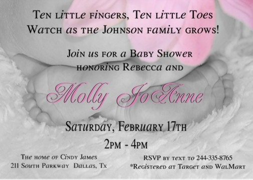 Tiny FEET and TOES and Pink Flower Baby Shower Invitation for GIRL