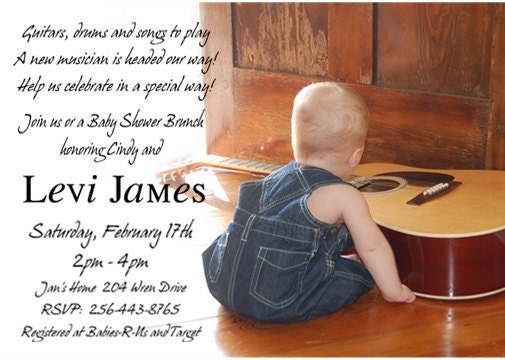 Musical Baby Shower invitation for a baby boy with guitar