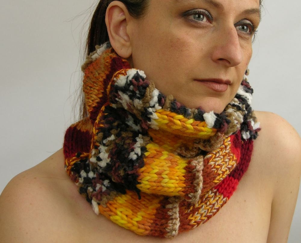 neck warmer scarf cowl tube scarf tube cowl knit hearth tones brown yellow red fall tagt team curationnation