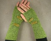 fingerless mittens gauntlets knit fingerless gloves arm warmers wrists warmers chartreuse green cotton vintage ribbon bows and buttons